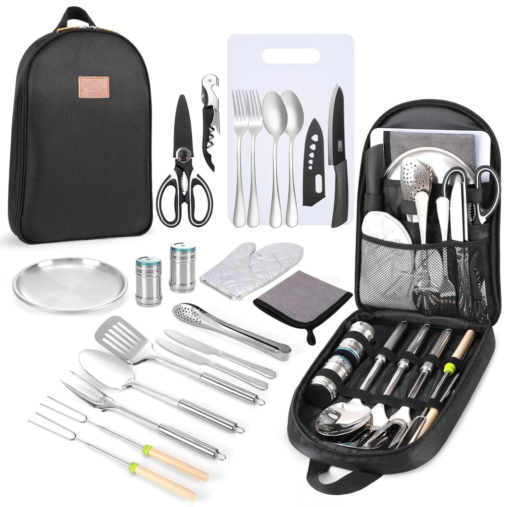 Set d'Ustensiles de Cuisine Camping - Équipement Complet RV et BBQ Portable