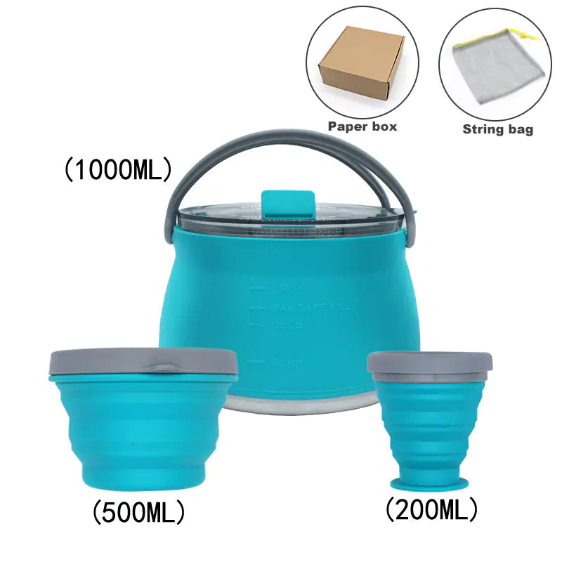 Kit de Cuisine de Camping Compact Pliable - Bouilloire, Bol et Tasse en Silicone
