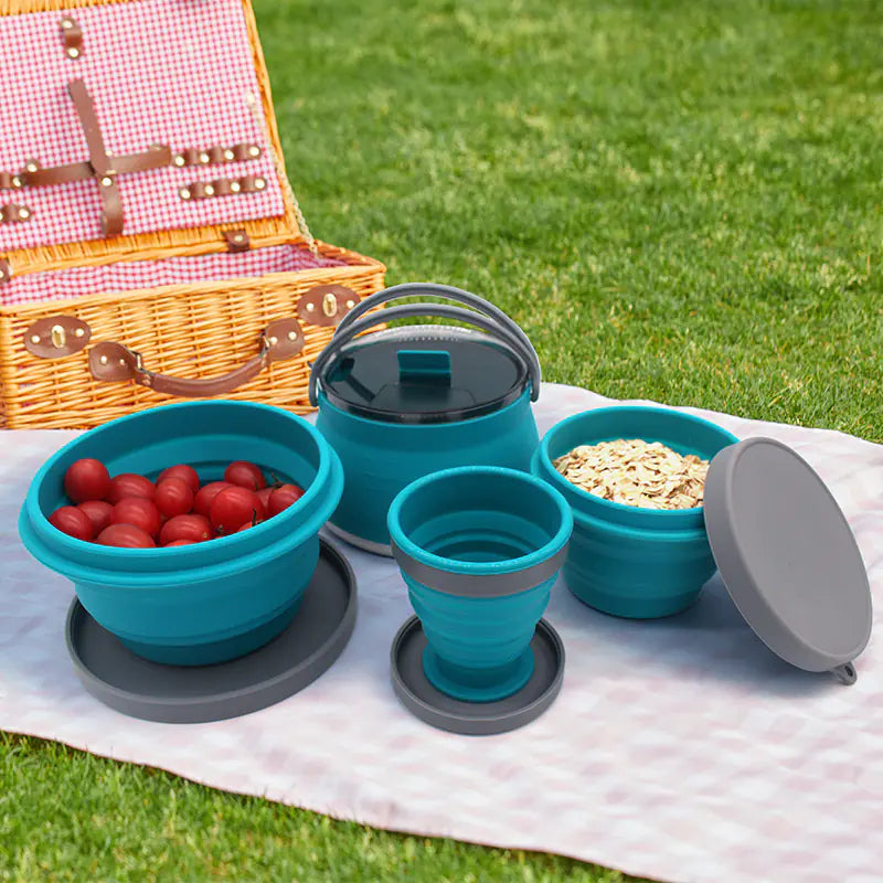 Kit de Cuisine de Camping Compact Pliable - Bouilloire, Bol et Tasse en Silicone